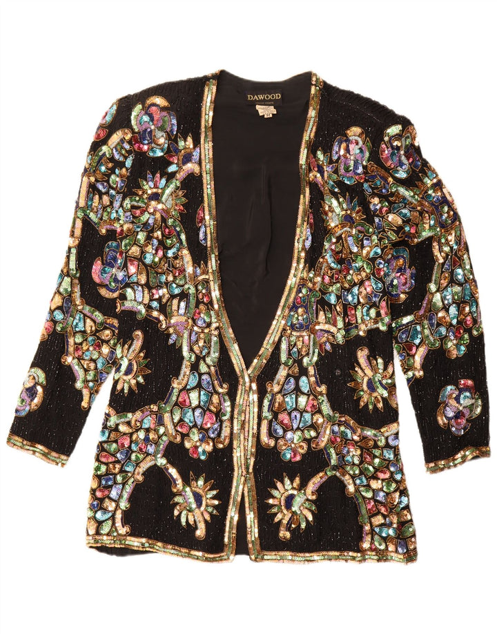 Vintage Womens Sequin Blazer Jacket UK 12 Medium Black Floral