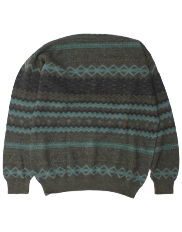 Rodes Mens V-Neck Jumper Sweater XL Green Geometric Wool