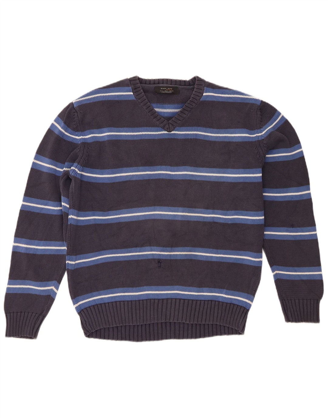 Zara Mens V-Neck Jumper Sweater Large Grey Striped