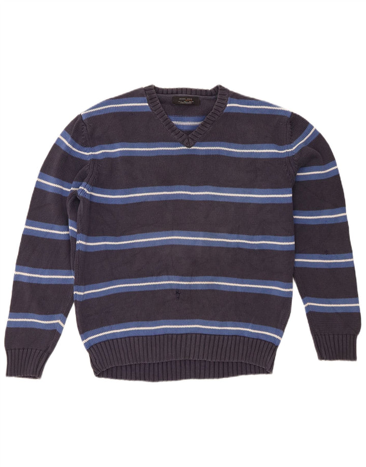 Zara Mens V-Neck Jumper Sweater Large Grey Striped