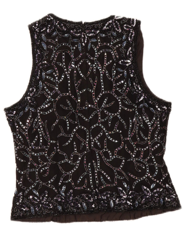 Vintage Womens Evening Crop Sleeveless Blouse Top UK 12 Medium Black Floral