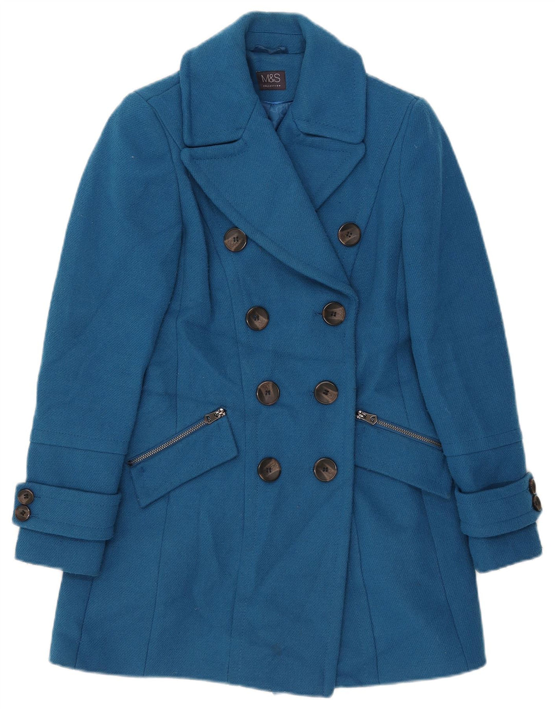 Marks & Spencer Womens Double Breasted Coat UK 6 XS Blue Polyester