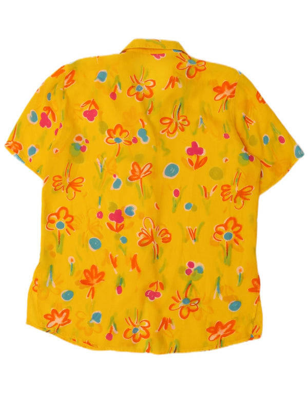 Vintage Womens See Through Short Sleeve Shirt Blouse Large Yellow Floral