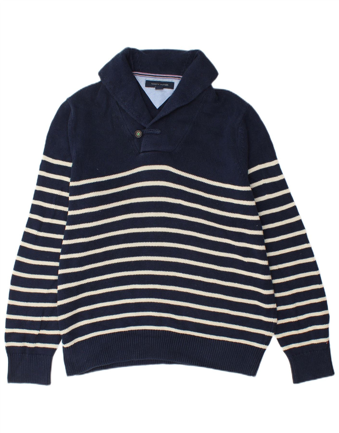 Tommy Hilfiger Mens Shawl Neck Jumper Sweater Large Navy Blue Striped