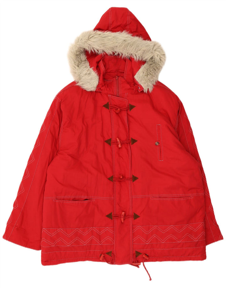 Vintage Womens Hooded Parka Jacket UK 24 4XL Red Chevron Polyester