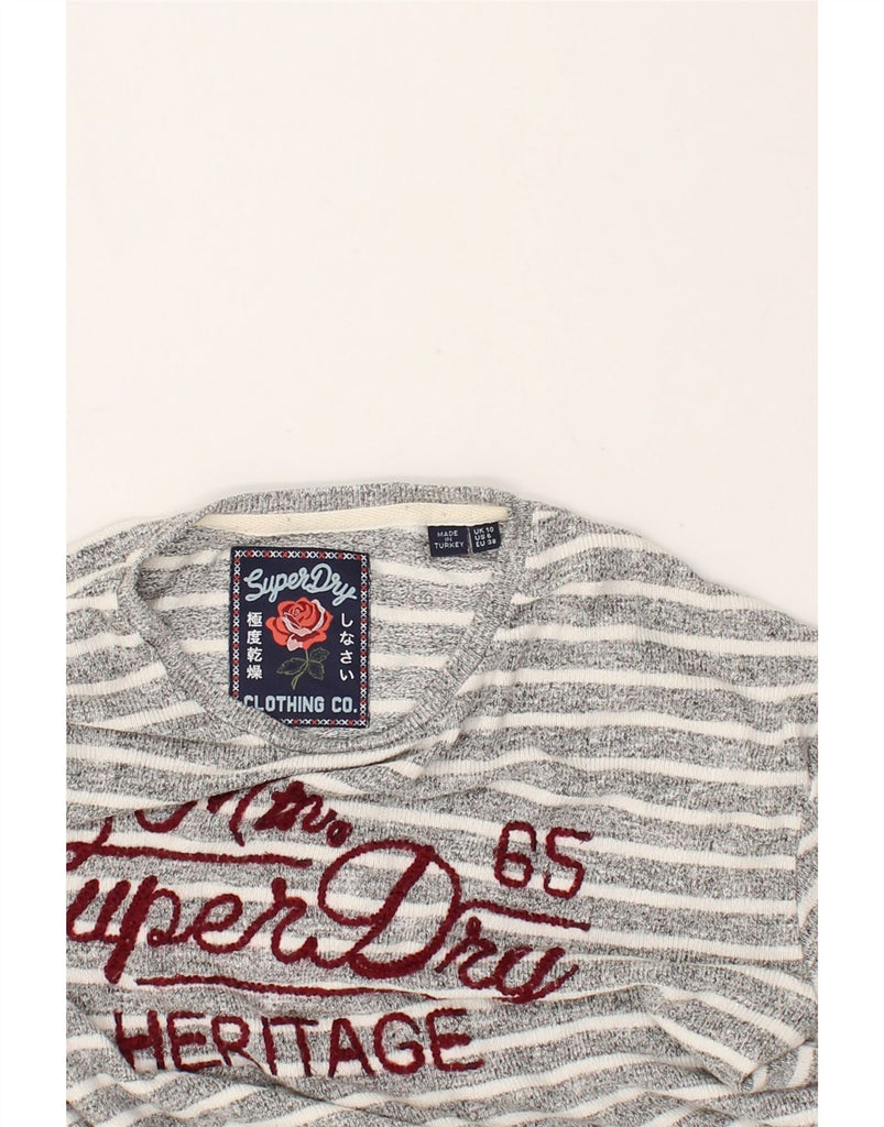 SUPERDRY Womens Graphic Crew Neck Jumper Sweater UK 10 Small Grey Striped | Vintage Superdry | Thrift | Second-Hand Superdry | Used Clothing | Messina Hembry 