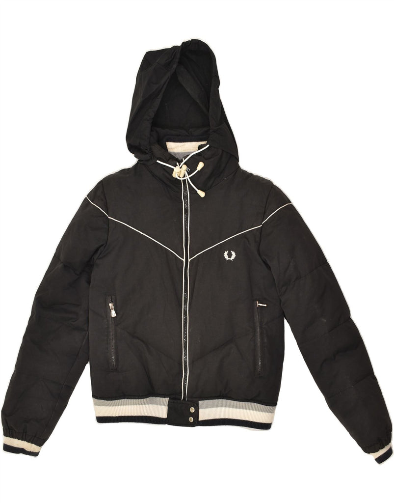 FRED PERRY Womens Hooded Bomber Jacket UK 14 Medium Black Polyamide | Vintage Fred Perry | Thrift | Second-Hand Fred Perry | Used Clothing | Messina Hembry 