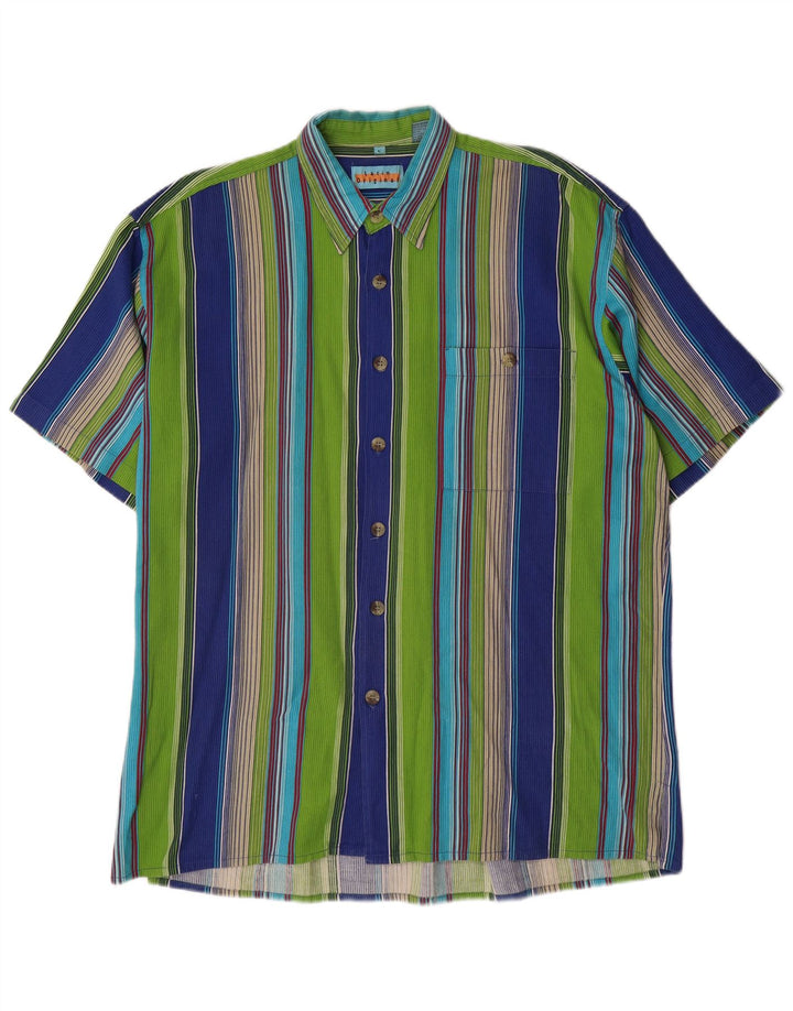 VINTAGE Mens Short Sleeve Shirt Large Multicoloured Striped Cotton