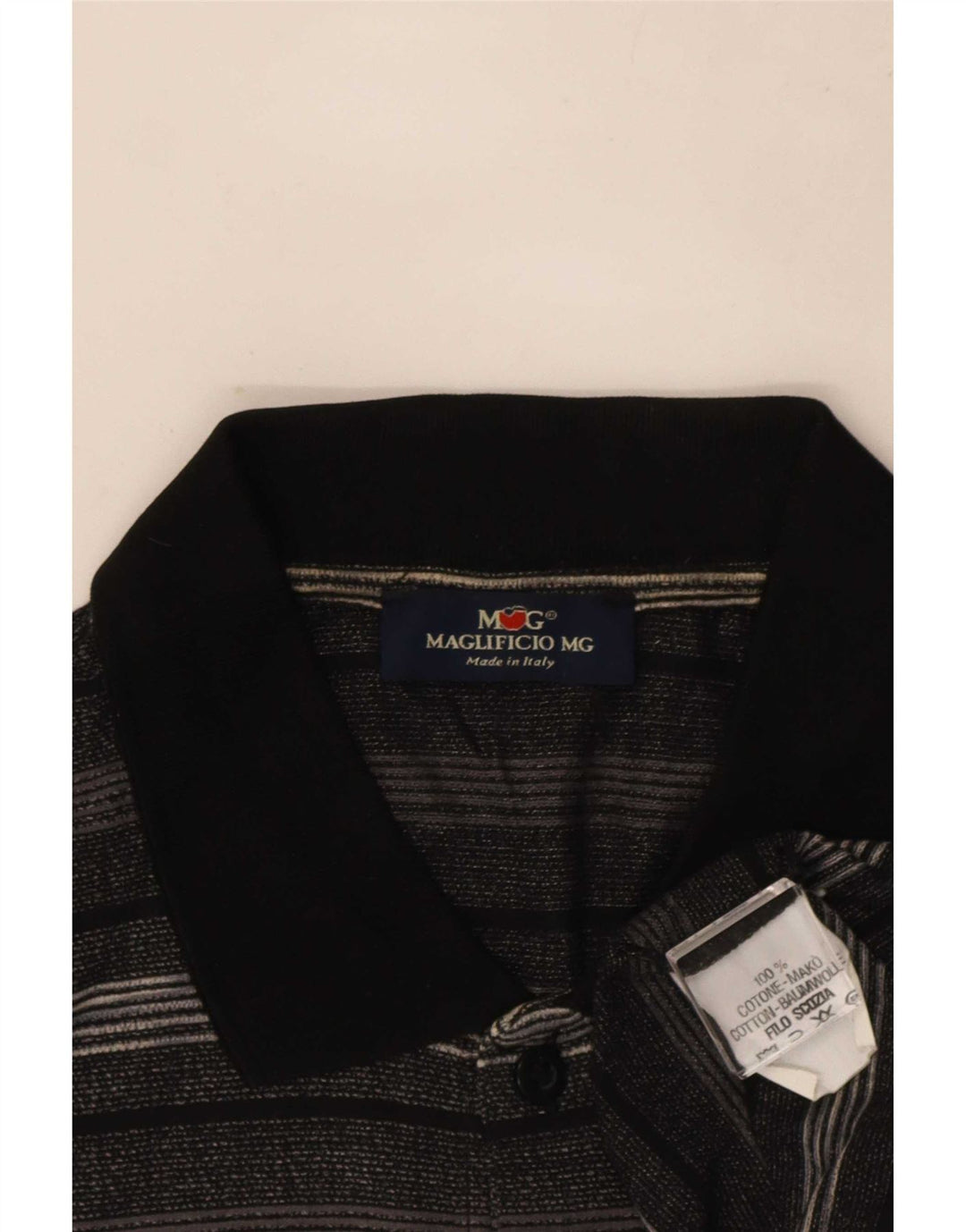 Vintage Mens Polo Shirt Large Grey Striped Cotton