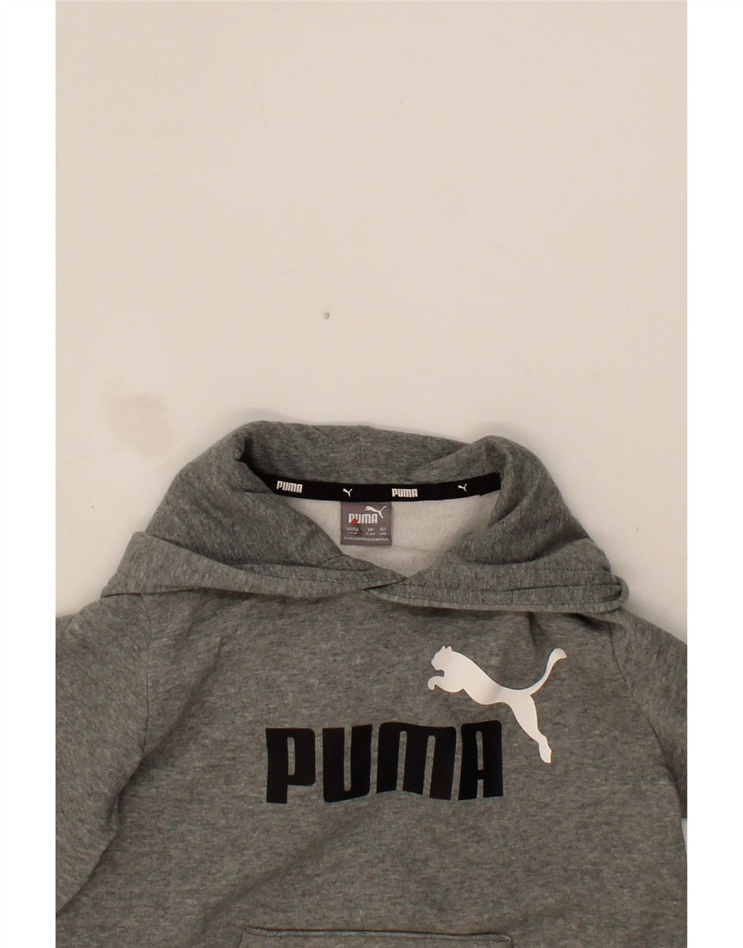 PUMA Boys Graphic Hoodie Jumper 7-8 Years Grey Cotton Vintage Puma and Second-Hand Puma from Messina Hembry 