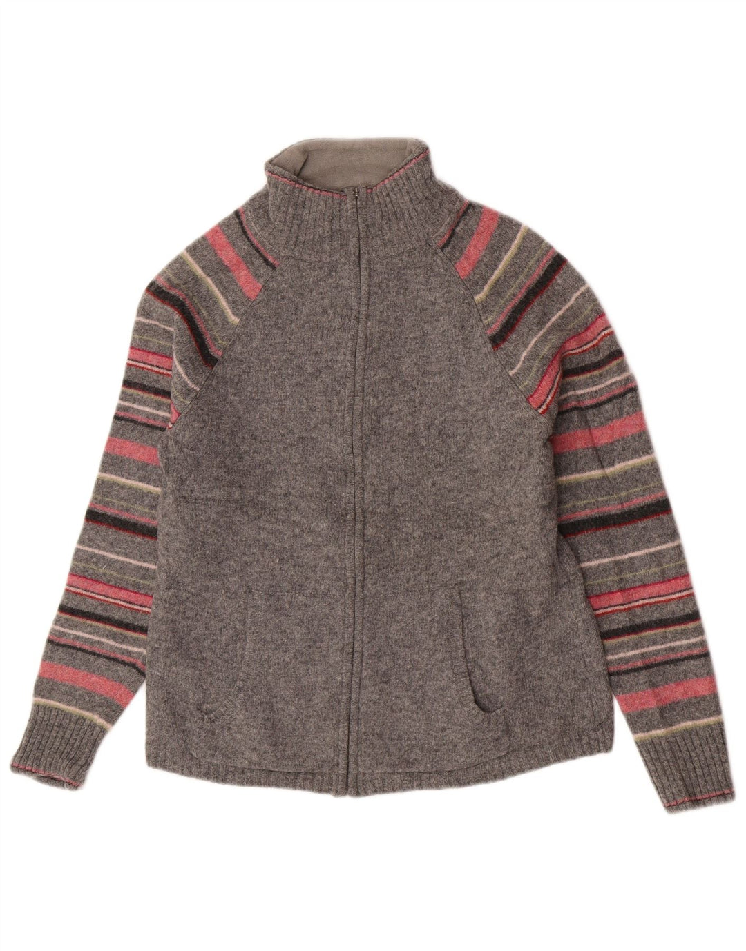Eddie Bauer Womens Cardigan Sweater UK 12 Medium Grey Striped Lambswool