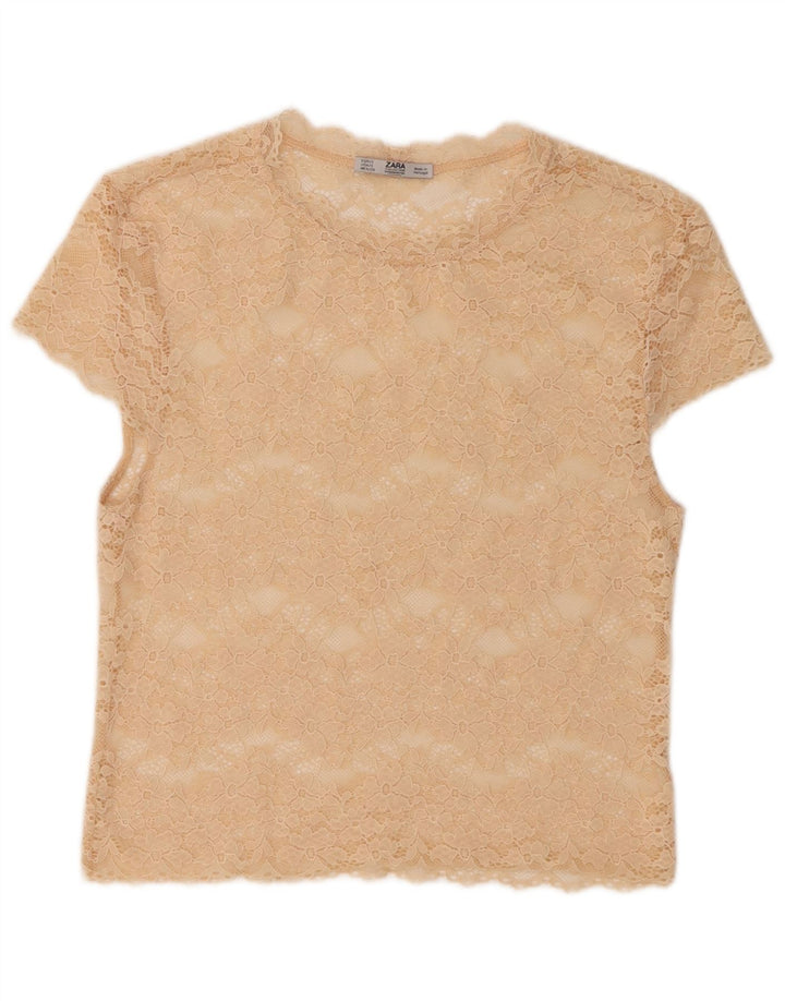 Zara Womens Lace See Through Top UK 10 Small Beige Floral