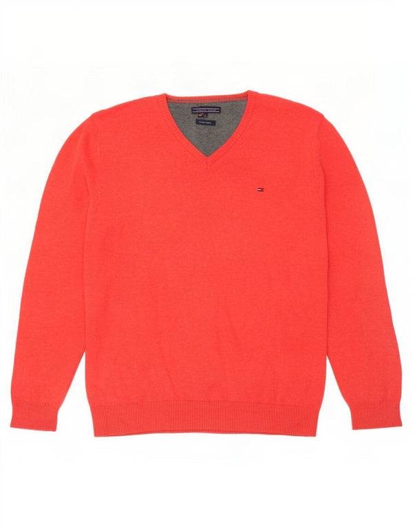 Tommy Hilfiger Mens V-Neck Jumper Sweater XL Red Cotton