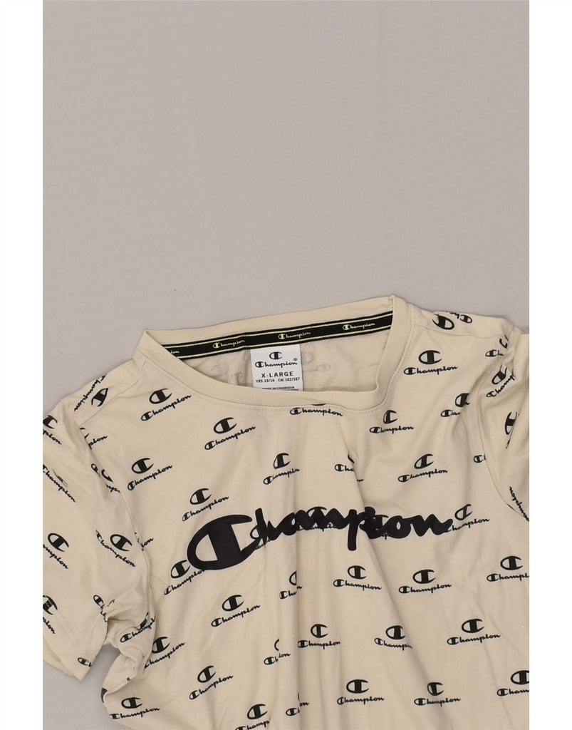 CHAMPION Girls Graphic T-Shirt Top 13-14 Years XL Off White Cotton | Vintage Champion | Thrift | Second-Hand Champion | Used Clothing | Messina Hembry 