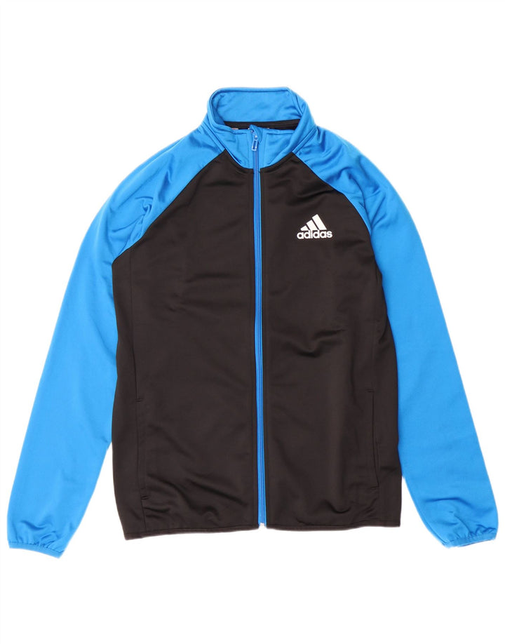 ADIDAS Boys Tracksuit Top Jacket 13-14 Years Black Colourblock Polyester