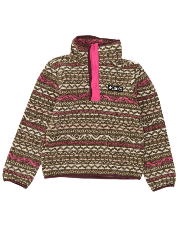 Columbia Girls Button Neck Fleece Jumper 7-8 Years Small Khaki Fair Isle