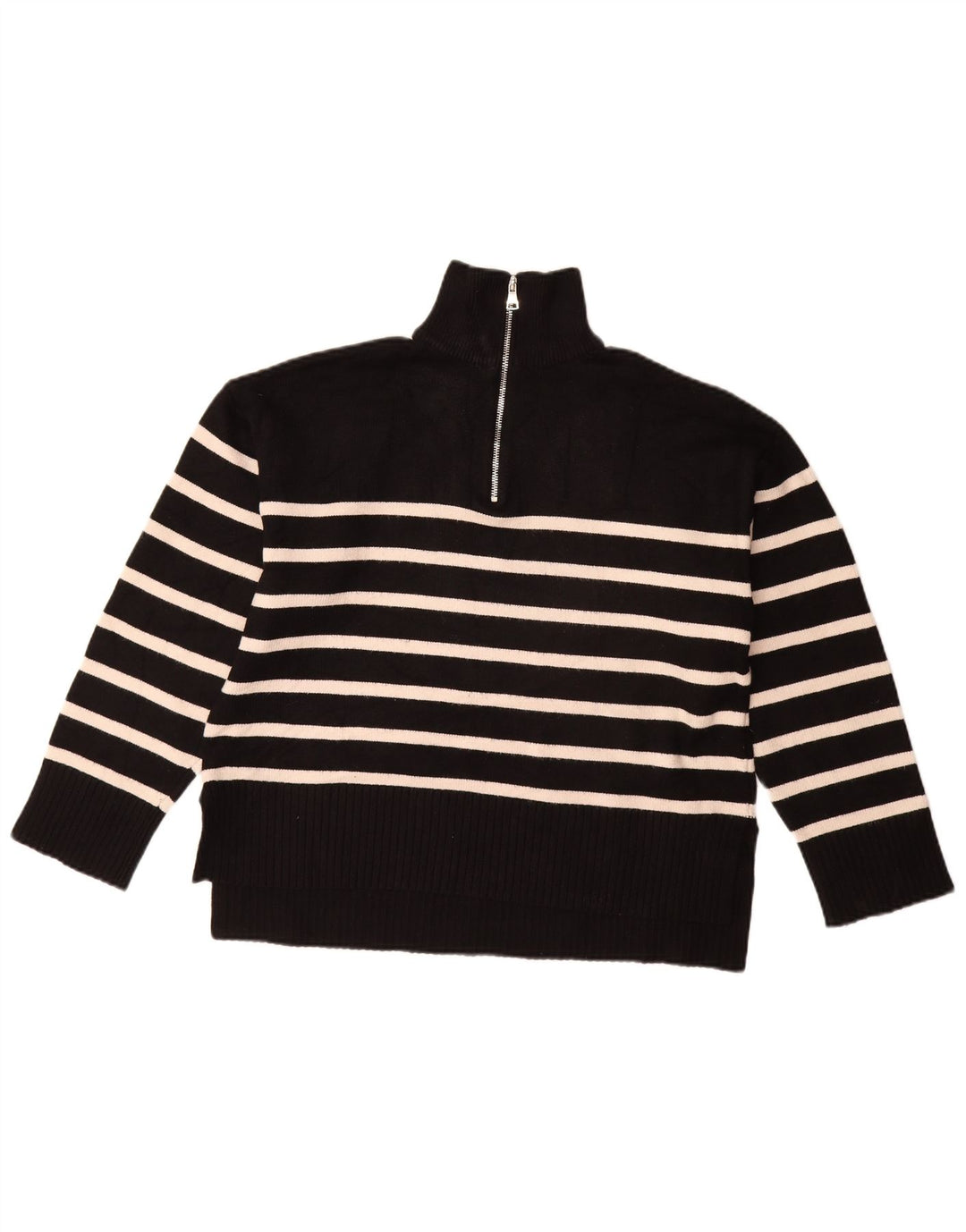 Zara Womens Zip Neck Jumper Sweater UK 10 Small Black Striped Viscose