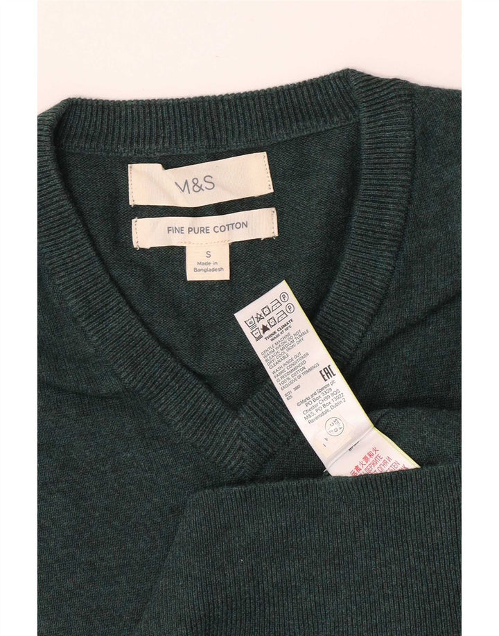 Marks & Spencer Mens V-Neck Jumper Sweater Small Green Cotton