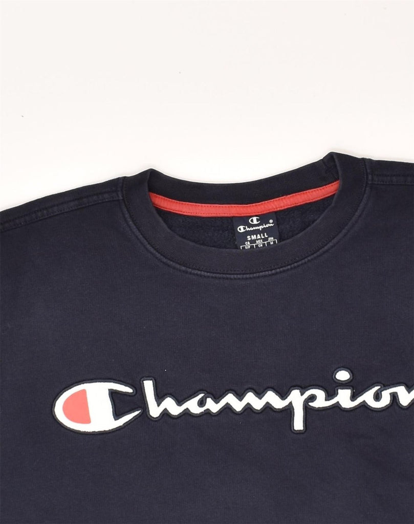 CHAMPION Mens Graphic Sweatshirt Jumper Small Navy Blue Cotton | Vintage Champion | Thrift | Second-Hand Champion | Used Clothing | Messina Hembry 