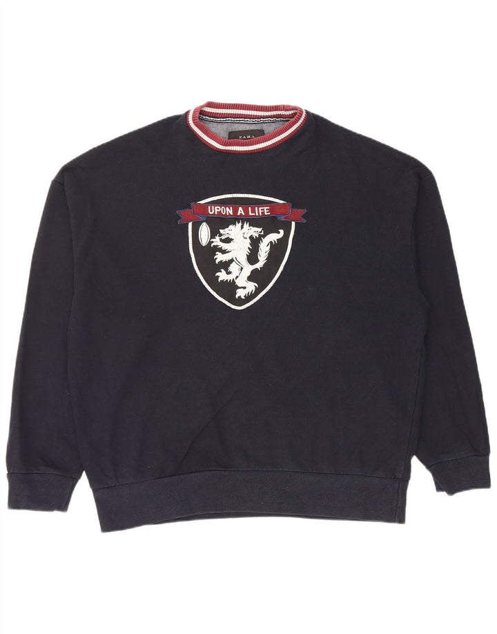 Zara Mens Graphic Sweatshirt Jumper Medium Navy Blue Cotton
