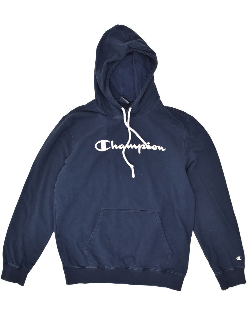 CHAMPION Mens Graphic Hoodie Jumper Large Navy Blue Cotton | Vintage Champion | Thrift | Second-Hand Champion | Used Clothing | Messina Hembry 