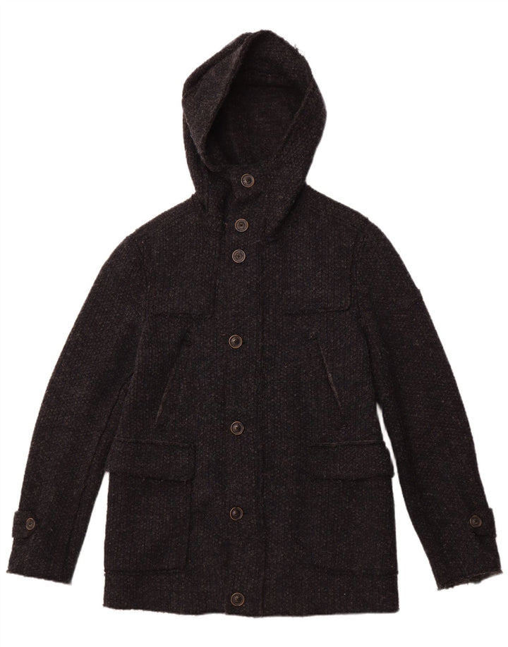 GAS Mens Hooded Overcoat UK 36 Small Navy Blue Virgin Wool