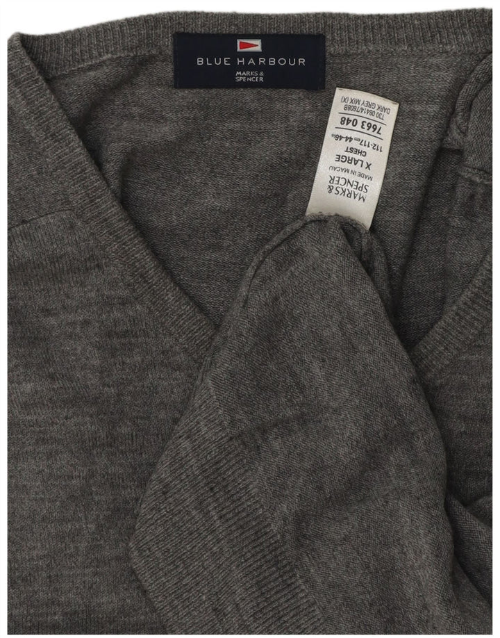 Marks & Spencer Mens Blue Harbour V-Neck Jumper Sweater XL Grey Flecked