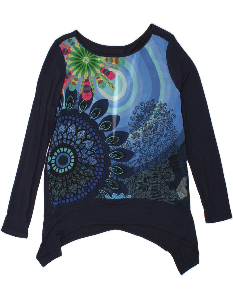 DESIGUAL Womens Long Sleeve Tunic Top UK 14 Medium Navy Blue Floral Vintage Desigual and Second-Hand Desigual from Messina Hembry 