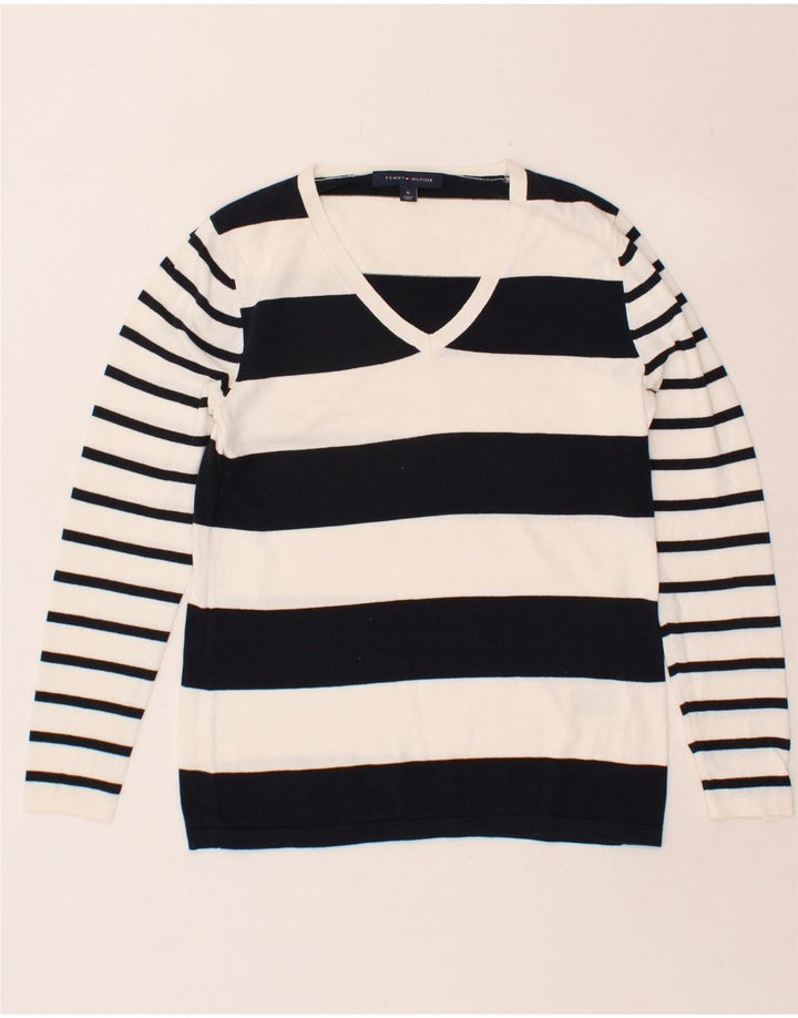 TOMMY HILFIGER Womens V-Neck Jumper Sweater UK 12 Medium White Striped Vintage Tommy Hilfiger and Second-Hand Tommy Hilfiger from Messina Hembry 