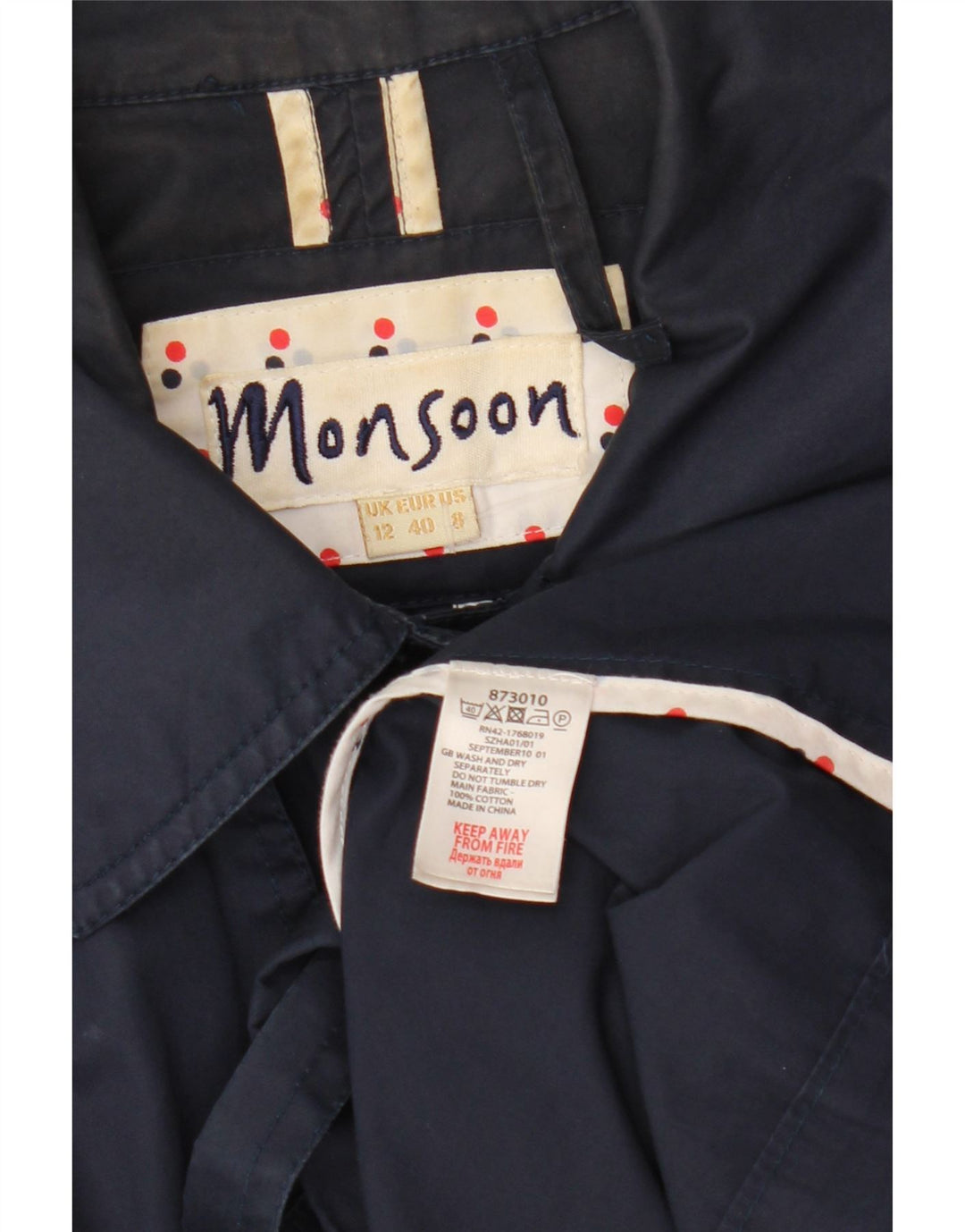 Monsoon Womens Trench Coat UK 12 Medium Navy Blue Cotton
