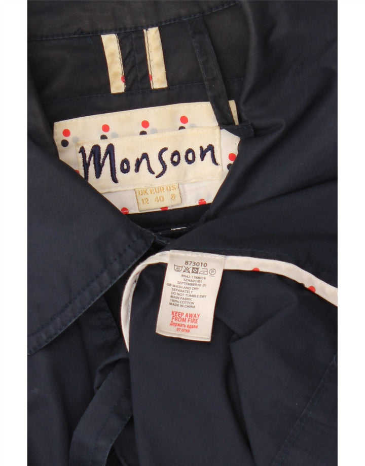 Monsoon Womens Trench Coat UK 12 Medium Navy Blue Cotton