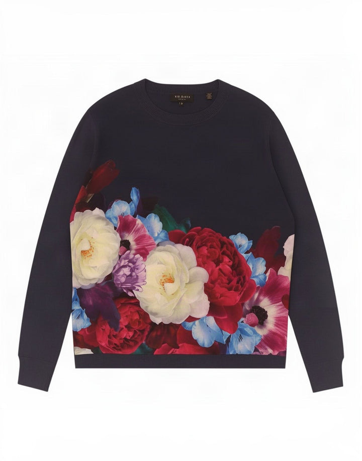 Ted Baker Womens Boat Neck Jumper Sweater Size 3 Medium Navy Blue Floral