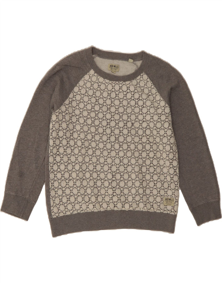JACK WILLS Womens Sweatshirt Jumper UK 12 Medium Grey Floral Cotton Vintage Jack Wills and Second-Hand Jack Wills from Messina Hembry 