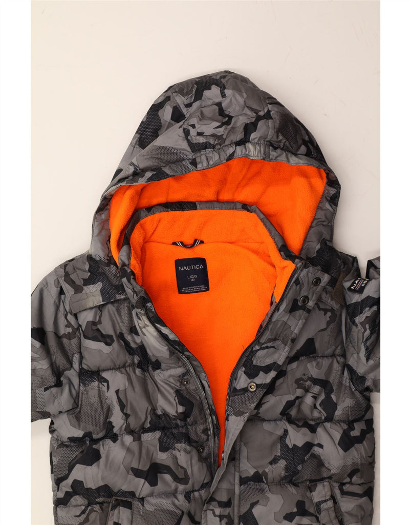 NAUTICA Boys Hooded Padded Jacket 5-6 Years Large Grey Camouflage Vintage Nautica and Second-Hand Nautica from Messina Hembry 
