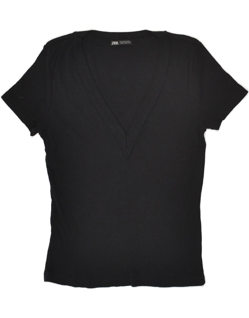 ZARA Womens T-Shirt Top UK 14 Medium Black Cotton | Vintage Zara | Thrift | Second-Hand Zara | Used Clothing | Messina Hembry 