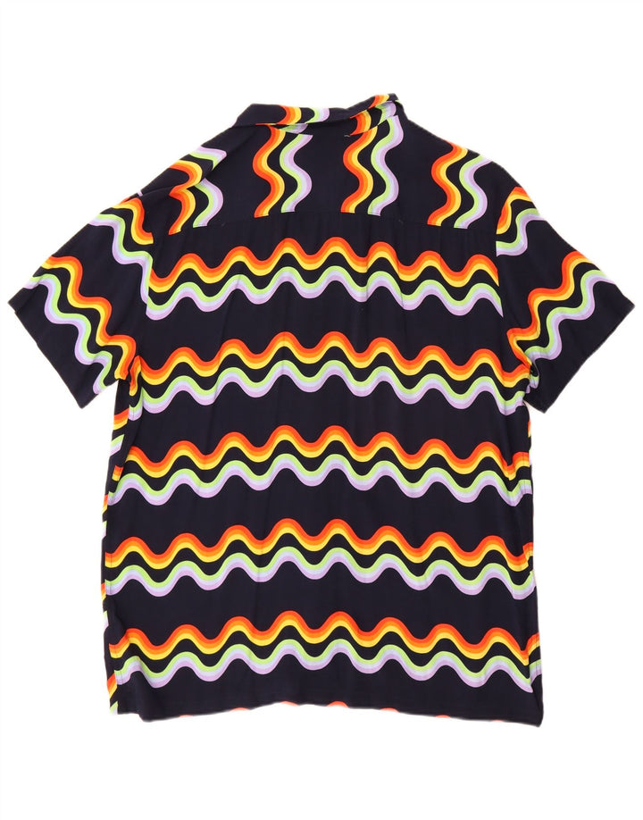Vintage Mens Short Sleeve Shirt Large Navy Blue Chevron Viscose