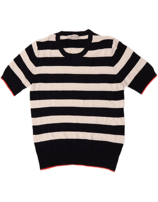 Zara Womens Short Sleeve Crew Neck Jumper Sweater UK 14 Large Black Striped