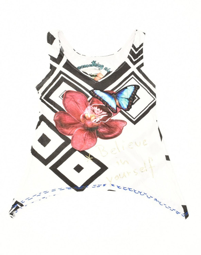 DESIGUAL Womens Asymmetric Graphic Vest Top UK 12 Medium White Floral | Vintage Desigual | Thrift | Second-Hand Desigual | Used Clothing | Messina Hembry 