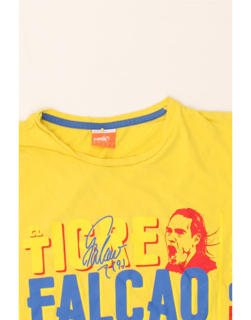 PUMA Mens Falcao El Tigre Graphic T-Shirt Top Large Yellow Cotton | Vintage Puma | Thrift | Second-Hand Puma | Used Clothing | Messina Hembry 