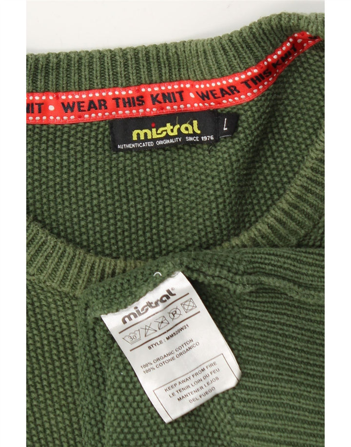 MISTRAL Mens Crew Neck Jumper Sweater Large Green Cotton