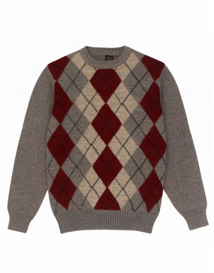 Rodes Mens Crew Neck Jumper Sweater IT 48 Medium Grey Argyle/Diamond