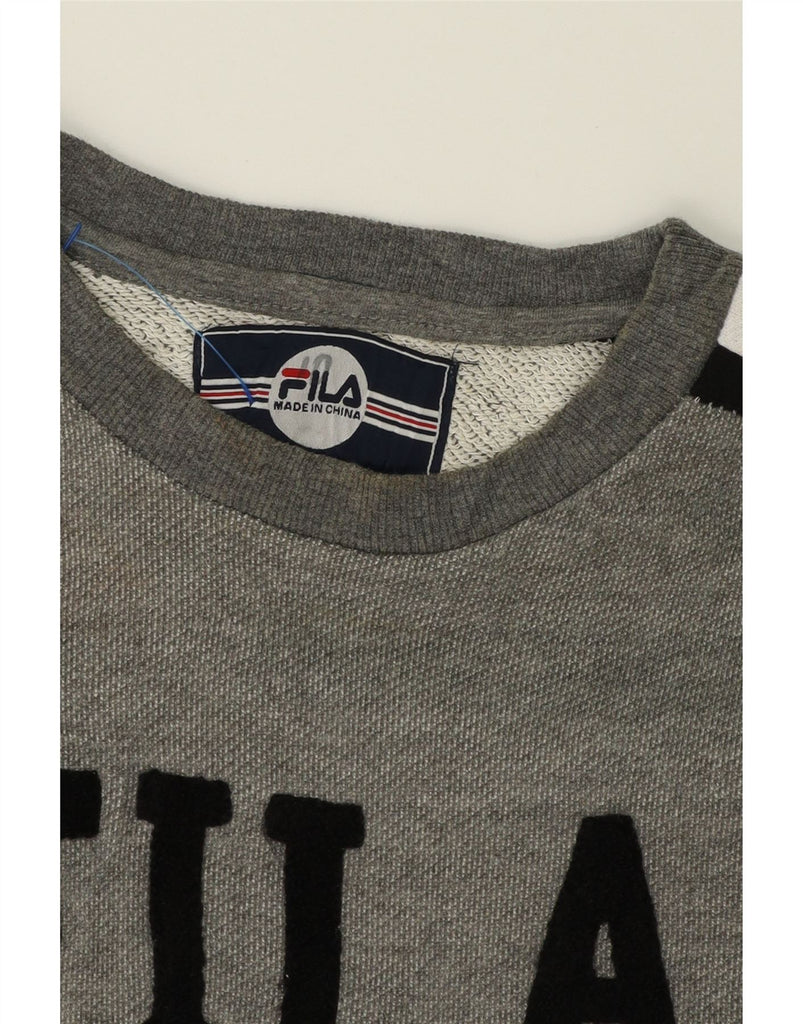 FILA Womens Crop Graphic Sweatshirt Jumper UK 14 Medium Grey Colourblock Vintage Fila and Second-Hand Fila from Messina Hembry 