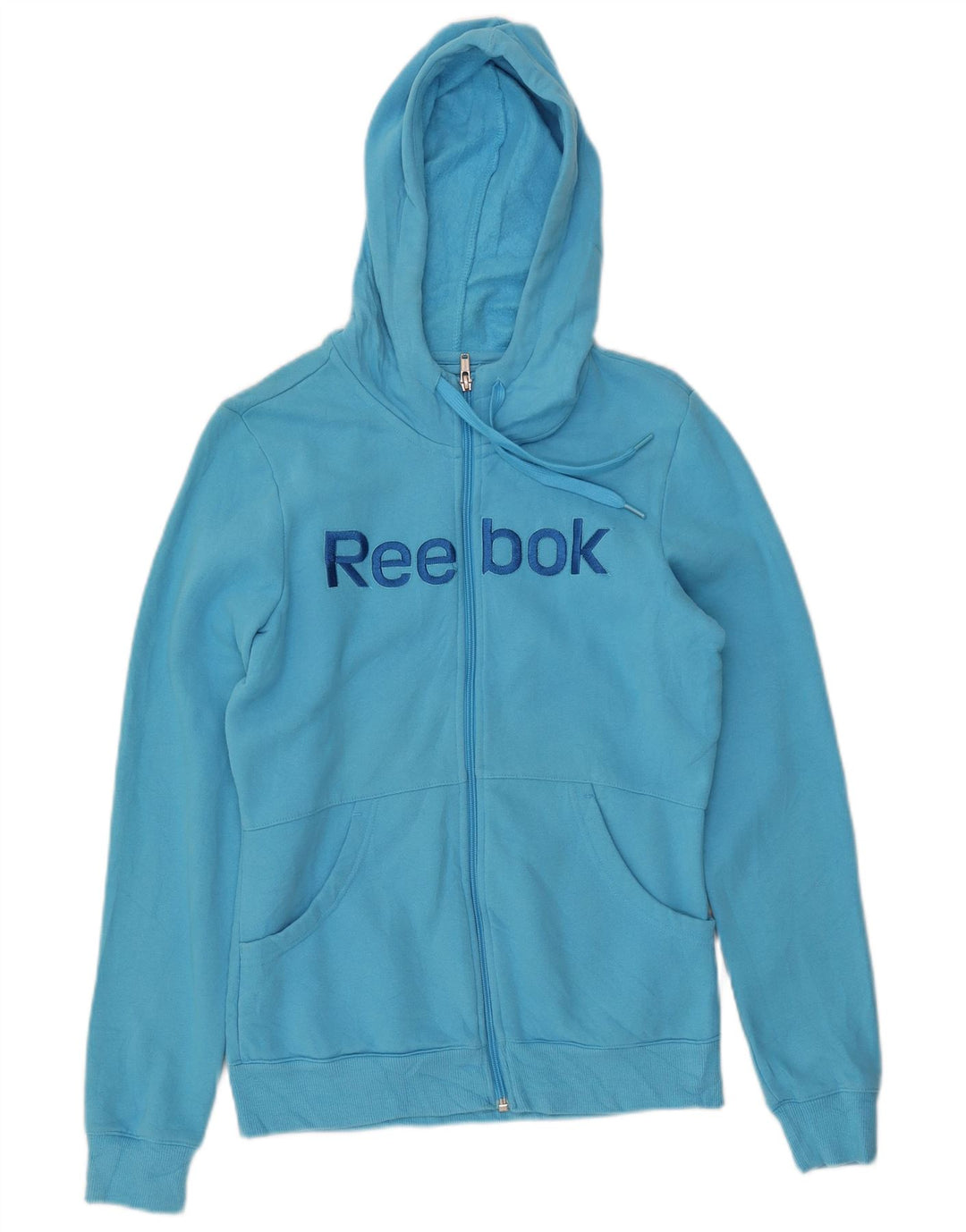 REEBOK Womens Graphic Zip Hoodie Sweater UK 14 Medium Blue Cotton