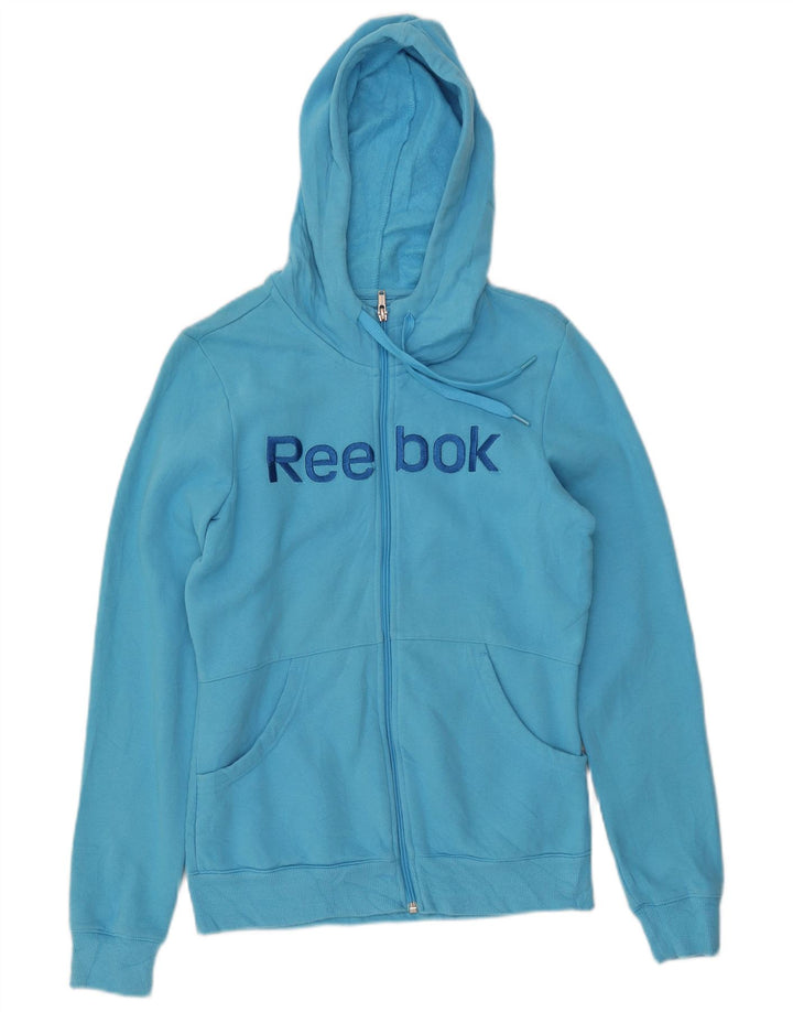 REEBOK Womens Graphic Zip Hoodie Sweater UK 14 Medium Blue Cotton