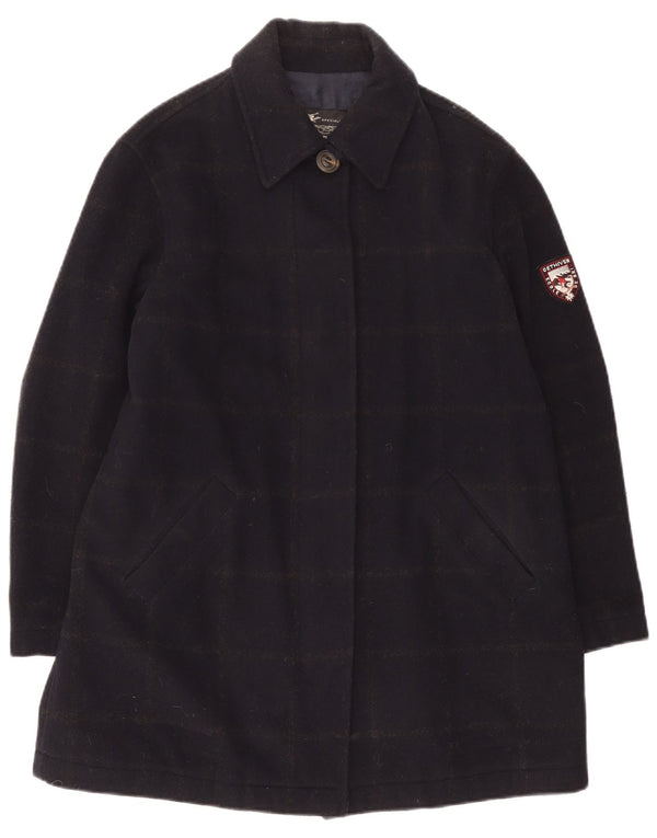 Vintage Womens Ski Overcoat UK 14 Medium Navy Blue Check Wool