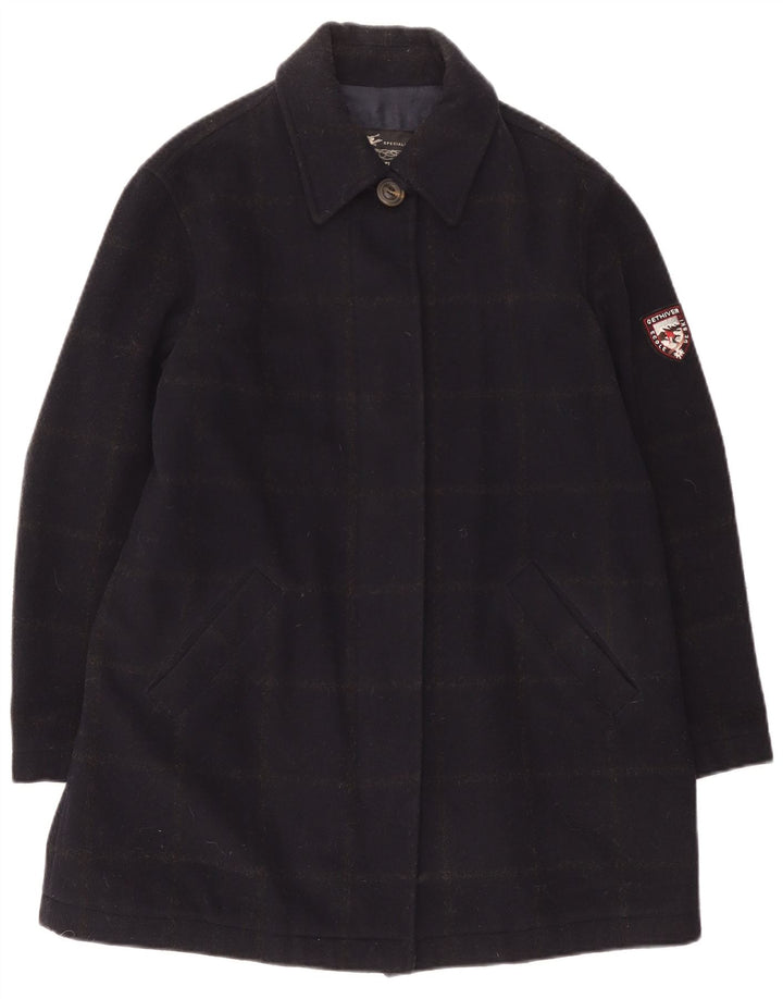 Vintage Womens Ski Overcoat UK 14 Medium Navy Blue Check Wool