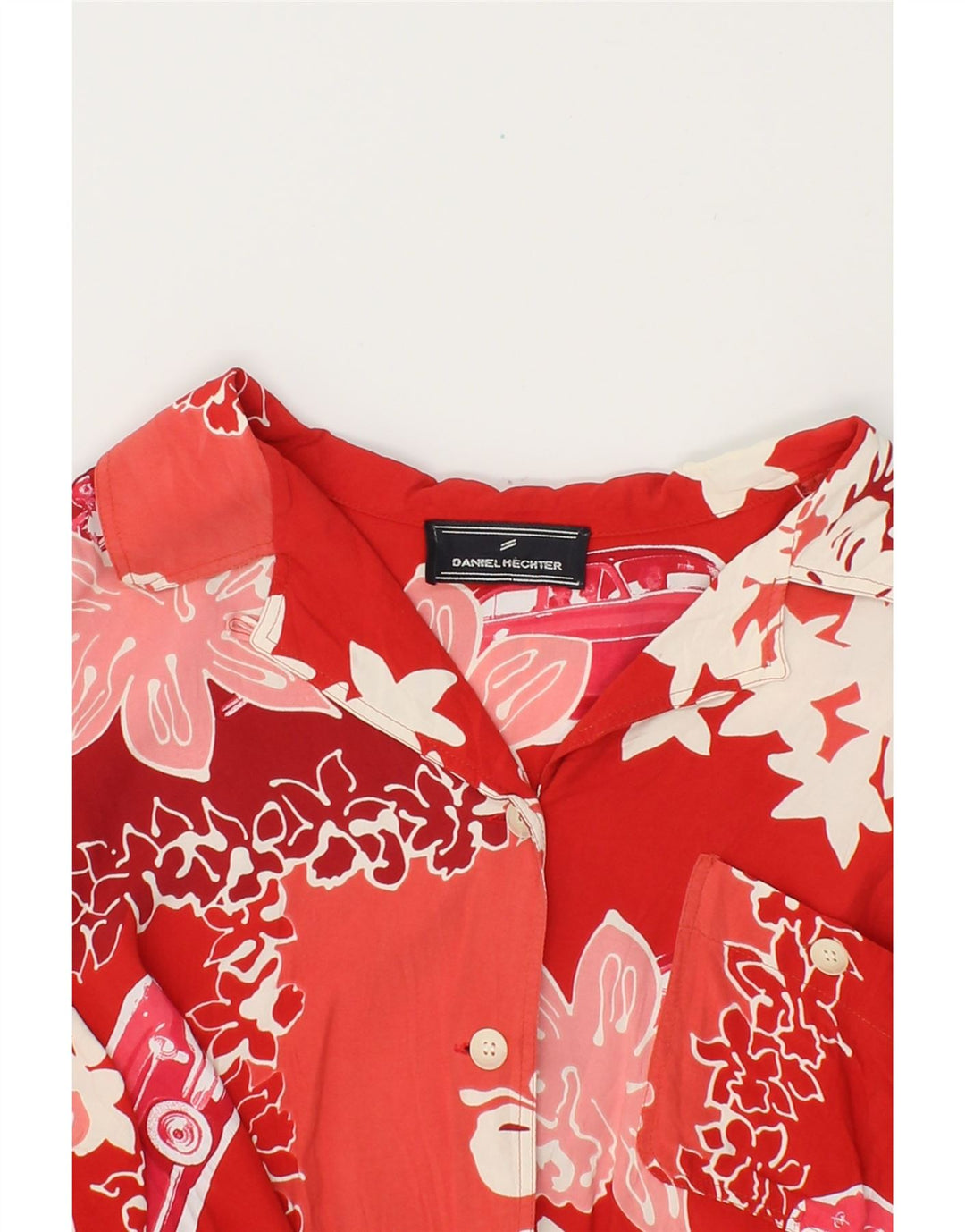 DANIEL HECHTER Womens Longline Short Sleeve Shirt UK 14 Medium Red Floral Vintage Daniel Hechter and Second-Hand Daniel Hechter from Messina Hembry 