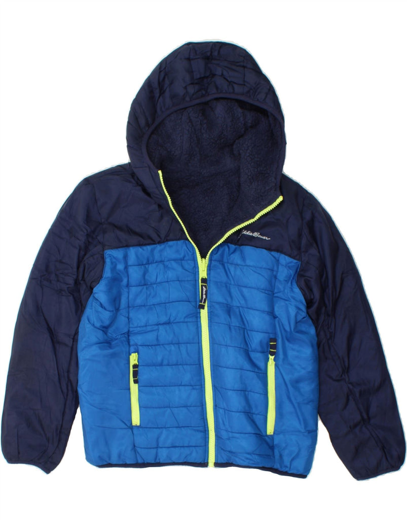 EDDIE BAUER Boys Hooded Padded Jacket 10-11 Years Blue Colourblock Vintage Eddie Bauer and Second-Hand Eddie Bauer from Messina Hembry 