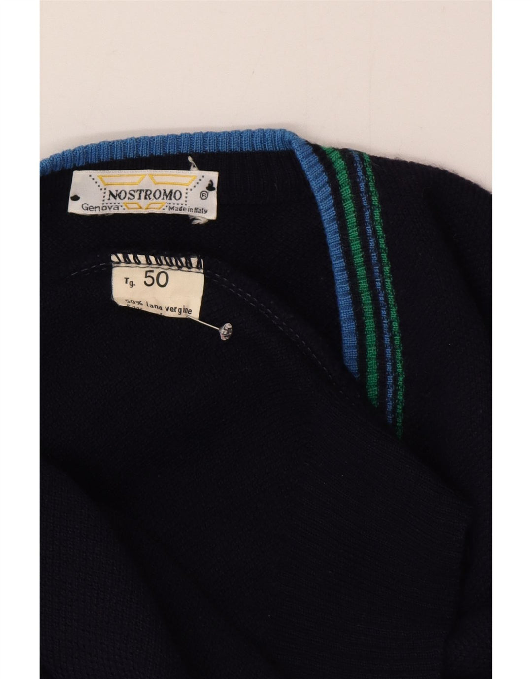 Vintage Mens V-Neck Jumper Sweater IT 50 Medium Navy Blue Wool