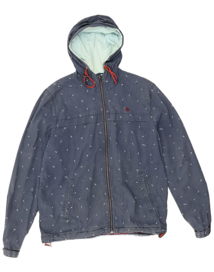 Penguin Mens Abstract Pattern Hooded Bomber Jacket UK 40 Large Blue Cotton